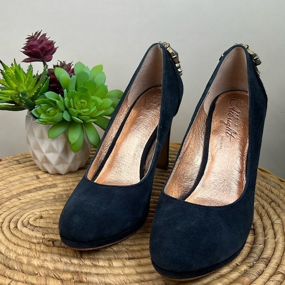 Miss Albright Suede Heels Pumps Navy Rhinestone Leather 6 Minnie Anthro Jewel - Picture 2 of 8